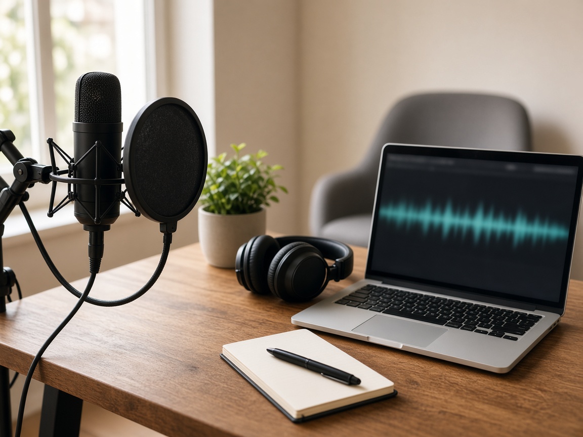 Studio desk with a microphone, headphones and a laptop